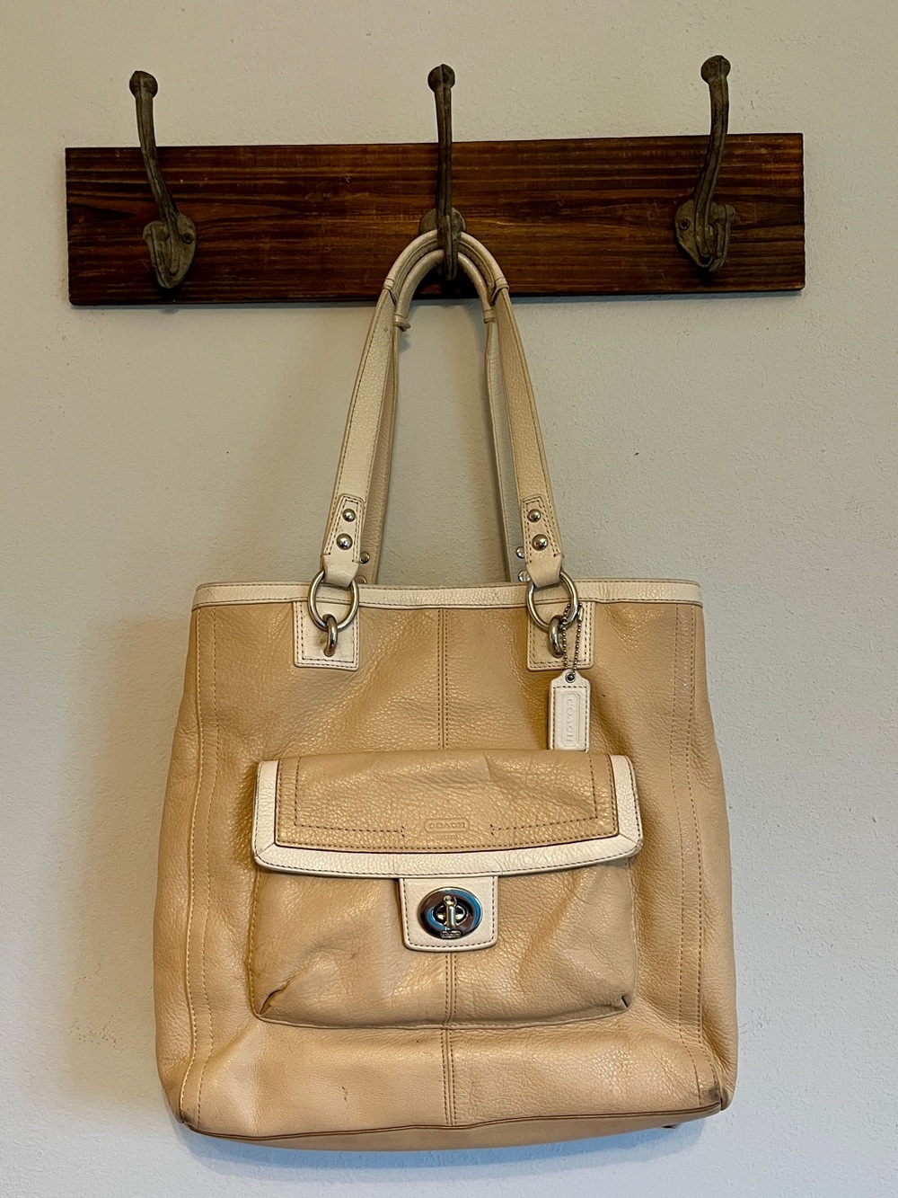 Coach Two-Tone Beige and Cream Leather Tote with Front Pocket